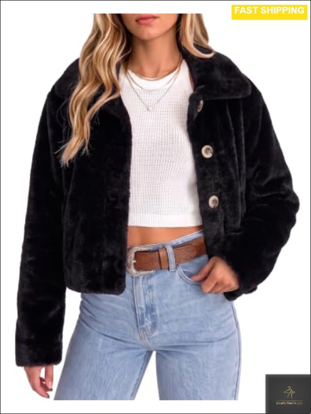 Faux Fur Cropped Fuzzy Fluffy Women Winter Coat Button Front Jacket
